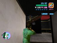 Tommy Vercetti shooting one of Ricardo Diaz' men.