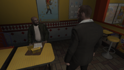 Niko Bellic meeting Dwayne Forge in Cluckin' Bell after killing Jayvon Simson.