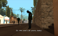 Big Smoke stops to catch his breath while Carl Johnson continues to chase the remaining Vagos member.