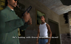 Ryder cocks his gun and prepares to head to the pizza parlor with Carl Johnson