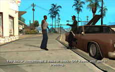 Ryder comments on Carl Johnson's haircut outside Reece's Hair & Facial Studio.