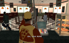 CJ and Ryder make a run for it as the pizza clerk pulls out a shotgun.