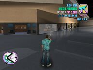 Tommy Vercetti shooting at the windows of a jewellery store.
