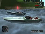 Toni Cipriani performing a drive-by shooting on the wiseguy's boat.