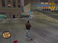 Claude shooting Leon McAffrey's car as he attempts to escape.