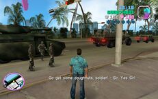 The commander telling one of his soldiers to buy some doughnuts from a restaurant in Little Havana.