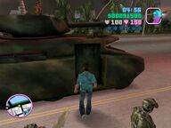 Tommy Vercetti about to steal the tank.
