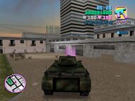 Tommy Vercetti about to drive the tank into Juan Cortez' garage.