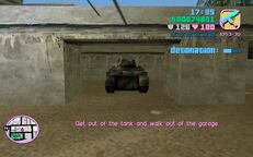 Tommy Vercetti about to leave the tank inside Juan Cortez' garage.