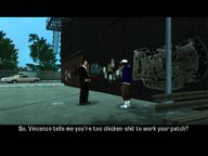 Toni Cipriani talking to the slacking drug dealer.