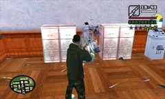 Carl Johnson using a shotgun to destroy ATM machines containing money