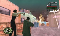 Carl Johnson and Catalina escaping through an alleyway, with Carl using a shotgun to kill the police