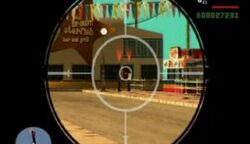 The Sniper Rifle's magnifying scope in action in Grand Theft Auto: San Andreas.