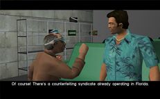 Earnest Kelly telling Tommy Vercetti about the Counterfeit Syndicate.