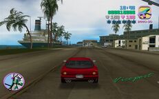 Tommy Vercetti driving towards the Chartered Libertine Lines boat in Viceport.
