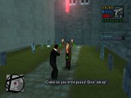 Toni Cipriani holding Liberty Tree reporter Ned Burner at gun point to scare him into revealing the location of the photos showing him killing Avery Carrington.