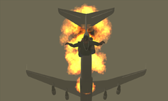 CJ dives out of the plane with a parachute and detonates a satchel charge on board.
