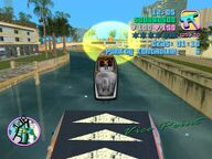 Tommy Vercetti driving a speedboat in the mission Stunt Boat Challenge.