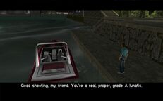 Tommy Vercetti and Lance Vance parting ways at the small jetty at Ricardo Diaz' mansion.