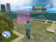 Tommy Vercetti about to reach the small jetty at Ricardo Diaz' mansion.