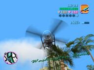 Tommy Vercetti shooting an attacking helicopter.