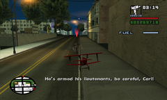 Carl Johnson uses the RC Baron to open fire on one of Berkley's deliverymen.