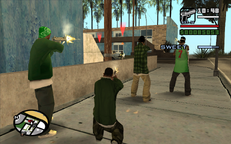 Carl Johnson and his gang killing the Seville gunmen that have Sweet pinned down.