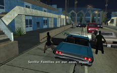 Sweet and his girlfriend quickly entering CJ's car as more Seville hoods break out in pursuit.