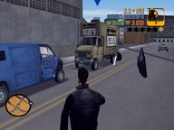 Claude throwing a grenade at a laundry van.