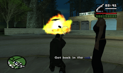 CJ destroys the shopkeepers' car.