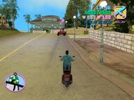 Tommy Vercetti following the Sharks gangster to his large house.