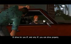 Tommy Vercetti meeting Hilary King and being told that he must beat him in the street race to obtain his services.