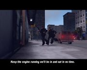 Claude and the bank robbers arriving at the bank in Chinatown