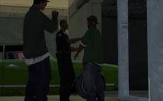Carl Johnson witnessing Big Smoke, Ryder, Frank Tenpenny, and Eddie Pulaski take the green Sabre, which was used to kill his mother, out of a garage.