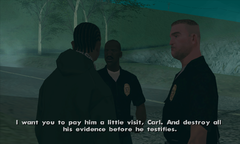Frank Tenpenny and Eddie Pulaski talking to Carl Johnson about a witness hiding on Mount Chiliad that they need to be killed.