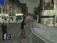 Toni Cipriani and Salvatore Leone shooting Sindacco Family mobsters in the Red Light District.