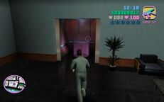 Tommy Vercetti about to enter the lift/elevator inside the bank.