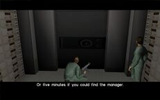 Cam Jones telling Tommy Vercetti he needs the bank manager to help crack open the Flange 9000 safe.