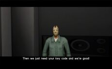 Cam Jones telling the bank manager he needs his key code to crack the safe.