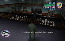 An angry Phil Cassidy asking Tommy Vercetti for help after the alarm is triggered.