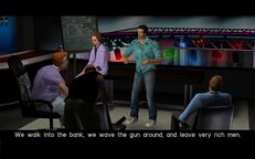 Tommy Vercetti, Ken Rosenberg, Phil Cassidy, Cam Jones (behind Cassidy), and Hilary King going over their plan.