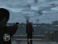Niko Bellic about to execute Faustin in "The Master and the Molotov", GTA IV.