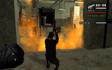 Carl Johnson shooting Sindacco Family mobsters in the abattoir.