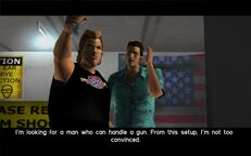 Tommy Vercetti asking Phil Cassidy if he wants to join his team for a planned bank robbery.