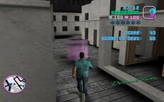 Tommy Vercetti about to walk through the indoor street scene.