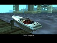 Massimo Torini and Mayor Miles O'Donovan about to escape Staunton Island by boat.