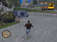 Claude running to the TOYZ van to find the 'stuff' to use against the Purple Nines.