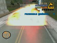 The same vehicle being destroyed after the explosives were detonated remotely by Claude.