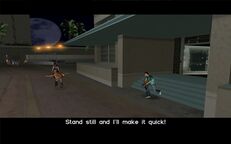 Tommy Vercetti chasing a fleeing Gonzalez outside of Gonzalez' apartment building.