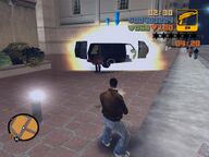 A Leone Family van exploding after being attacked by Claude.